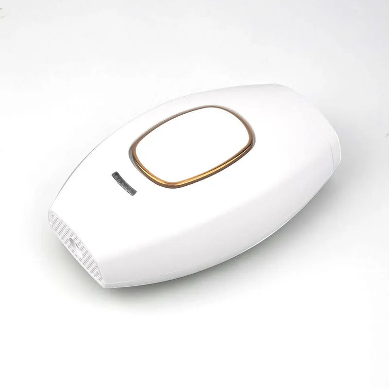 Home laser hair removal device in white, compact ABS body, 124x83x48.5mm, with UK plug adapter