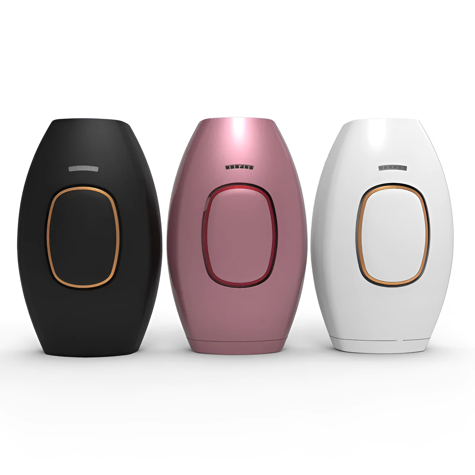 Home laser hair removal device in white, compact ABS body, 124x83x48.5mm, with UK plug adapter