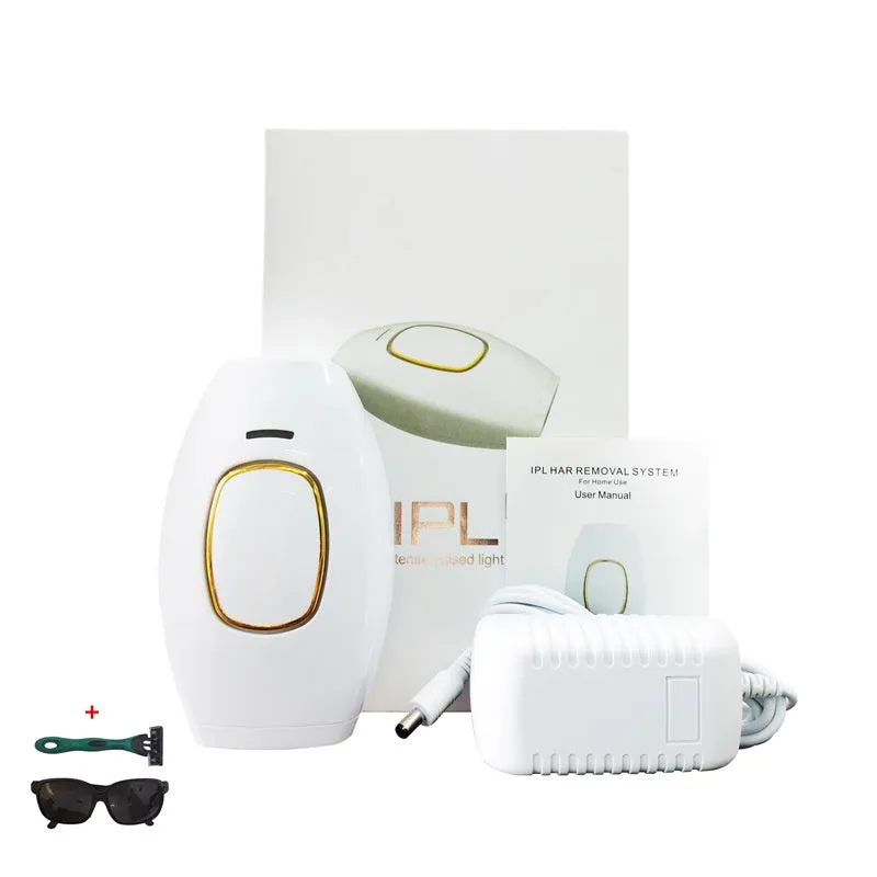 Home laser hair removal device in white, compact ABS body, 124x83x48.5mm, with UK plug adapter