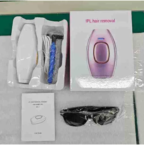 Home laser hair removal device in white, compact ABS body, 124x83x48.5mm, with UK plug adapter