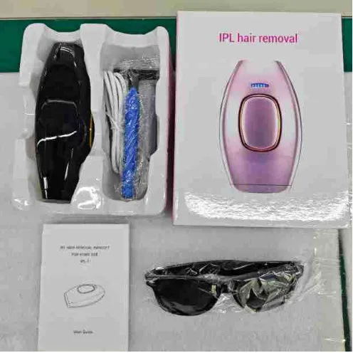 Home laser hair removal device in white, compact ABS body, 124x83x48.5mm, with UK plug adapter