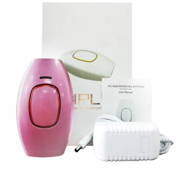 Home laser hair removal device in white, compact ABS body, 124x83x48.5mm, with UK plug adapter