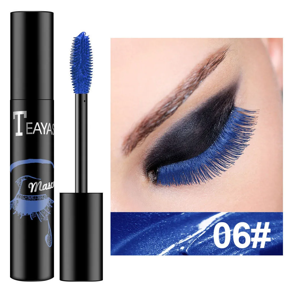 Color fluorescent mascara in seven shades: black, blue, brown, gold, green, purple, and silver