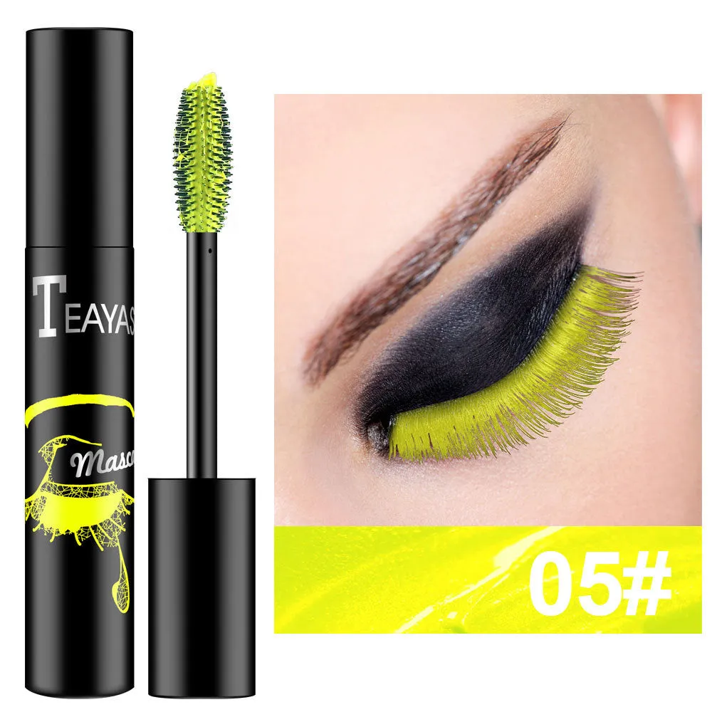 Color fluorescent mascara in seven shades: black, blue, brown, gold, green, purple, and silver