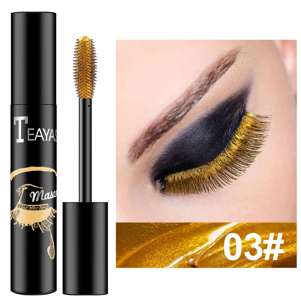 Color fluorescent mascara in seven shades: black, blue, brown, gold, green, purple, and silver