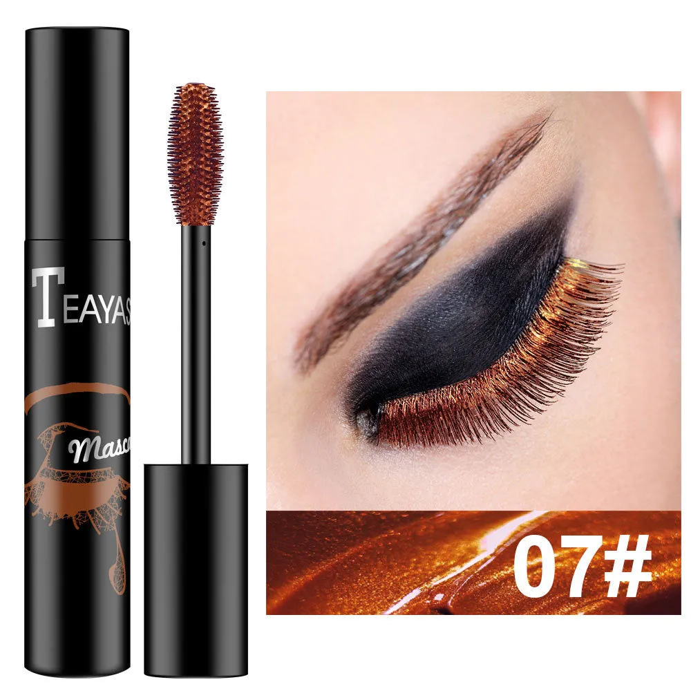 Color fluorescent mascara in seven shades: black, blue, brown, gold, green, purple, and silver