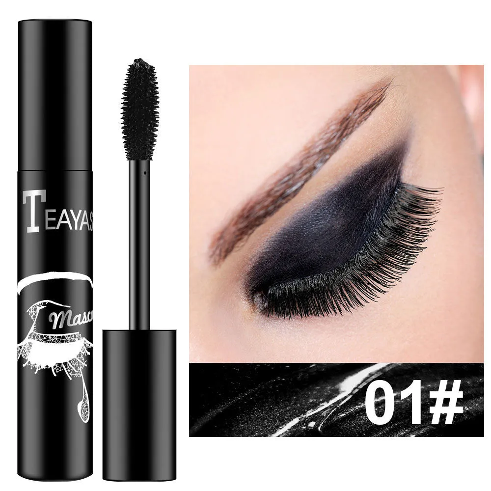 Color fluorescent mascara in seven shades: black, blue, brown, gold, green, purple, and silver