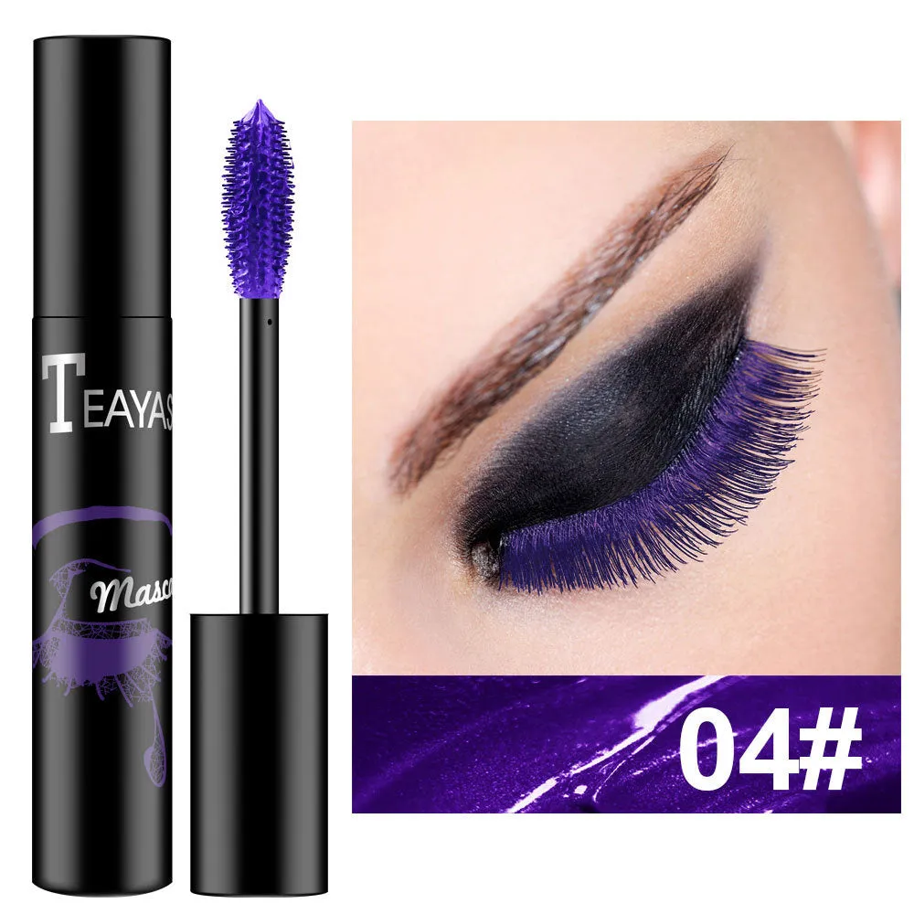 Color fluorescent mascara in seven shades: black, blue, brown, gold, green, purple, and silver