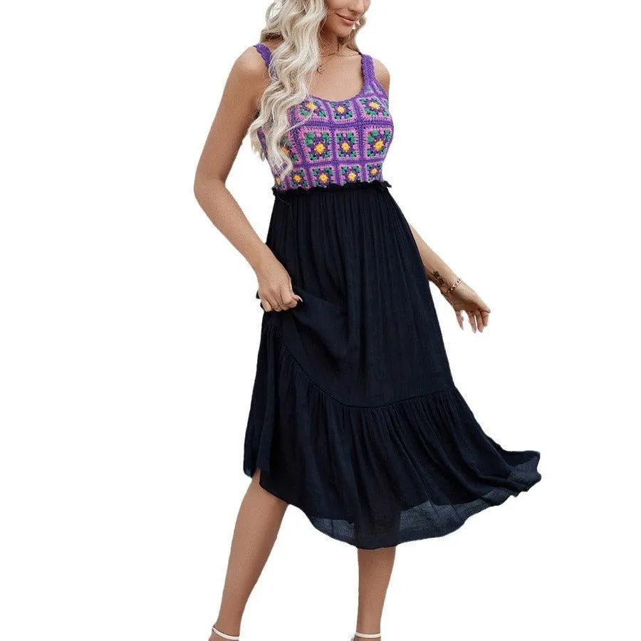 Purple sleeveless dress with hand-hook flower stitching on cotton blend fabric, free size for adult women