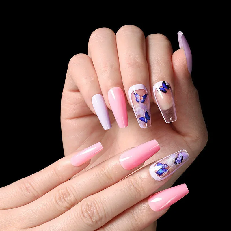 Finished ballet fake nails set 24 pieces in paper box with wearing glue, size 13.5x6.8x1.2cm, 18g net weight
