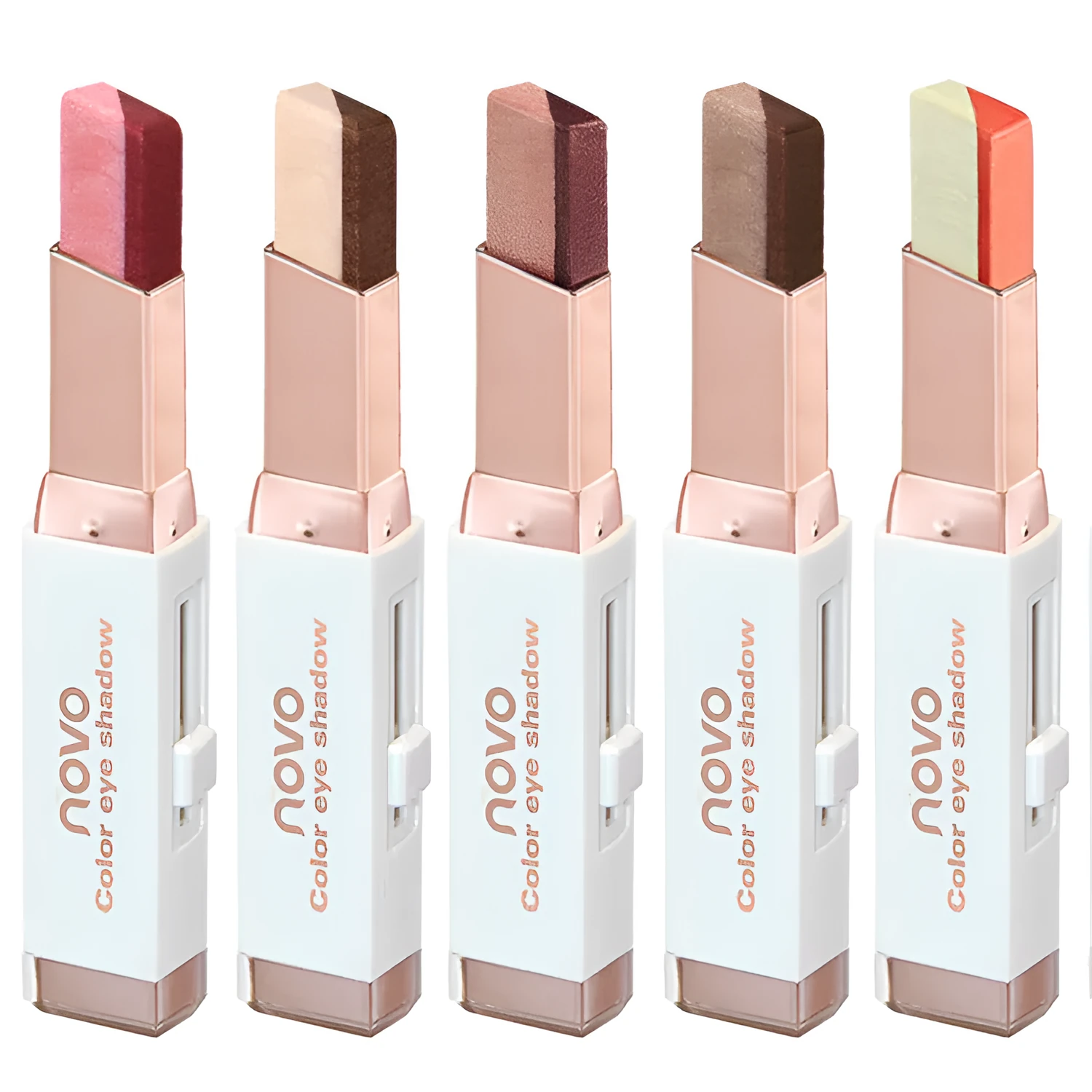 Two-color gradient eye shadow stick with smudge effect and push-button release