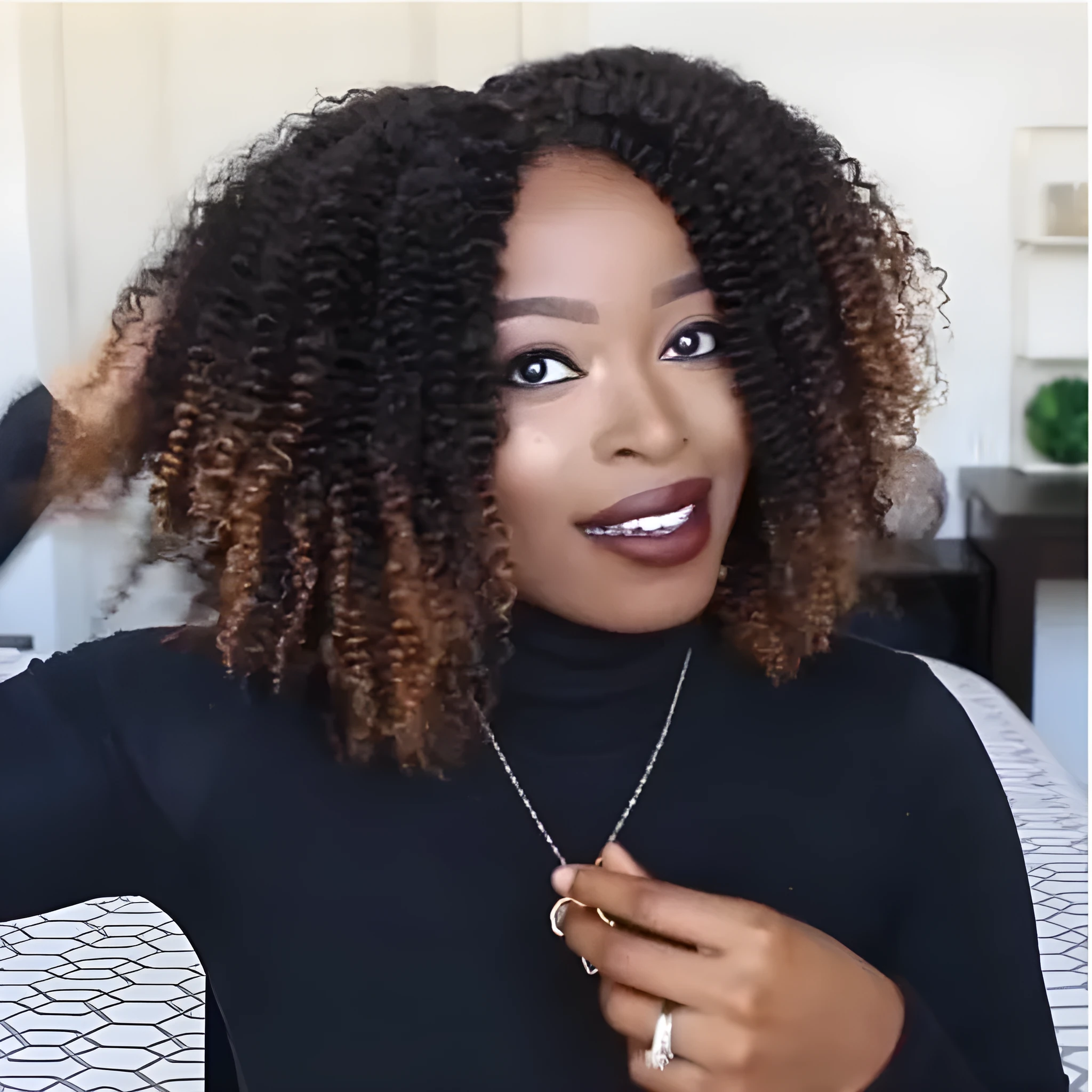Short curly explosion wig for women with long bang in black to brown gradient colour