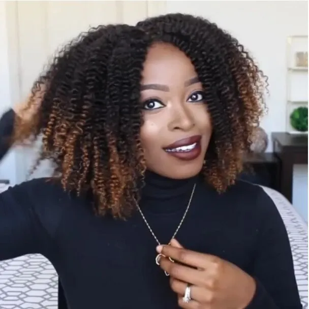 Short curly explosion wig for women with long bang in black to brown gradient colour