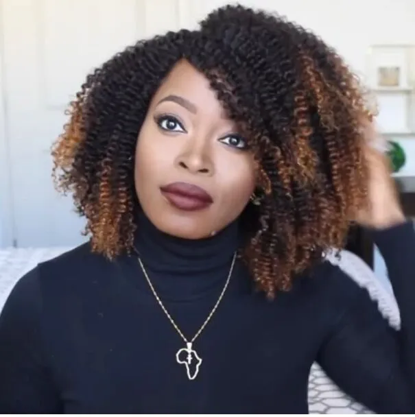 Short curly explosion wig for women with long bang in black to brown gradient colour