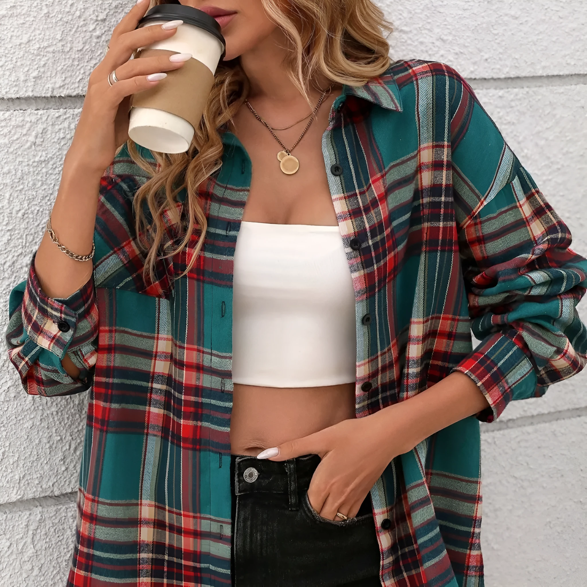 Women's casual loose retro plaid cotton shirt in black green purple colours