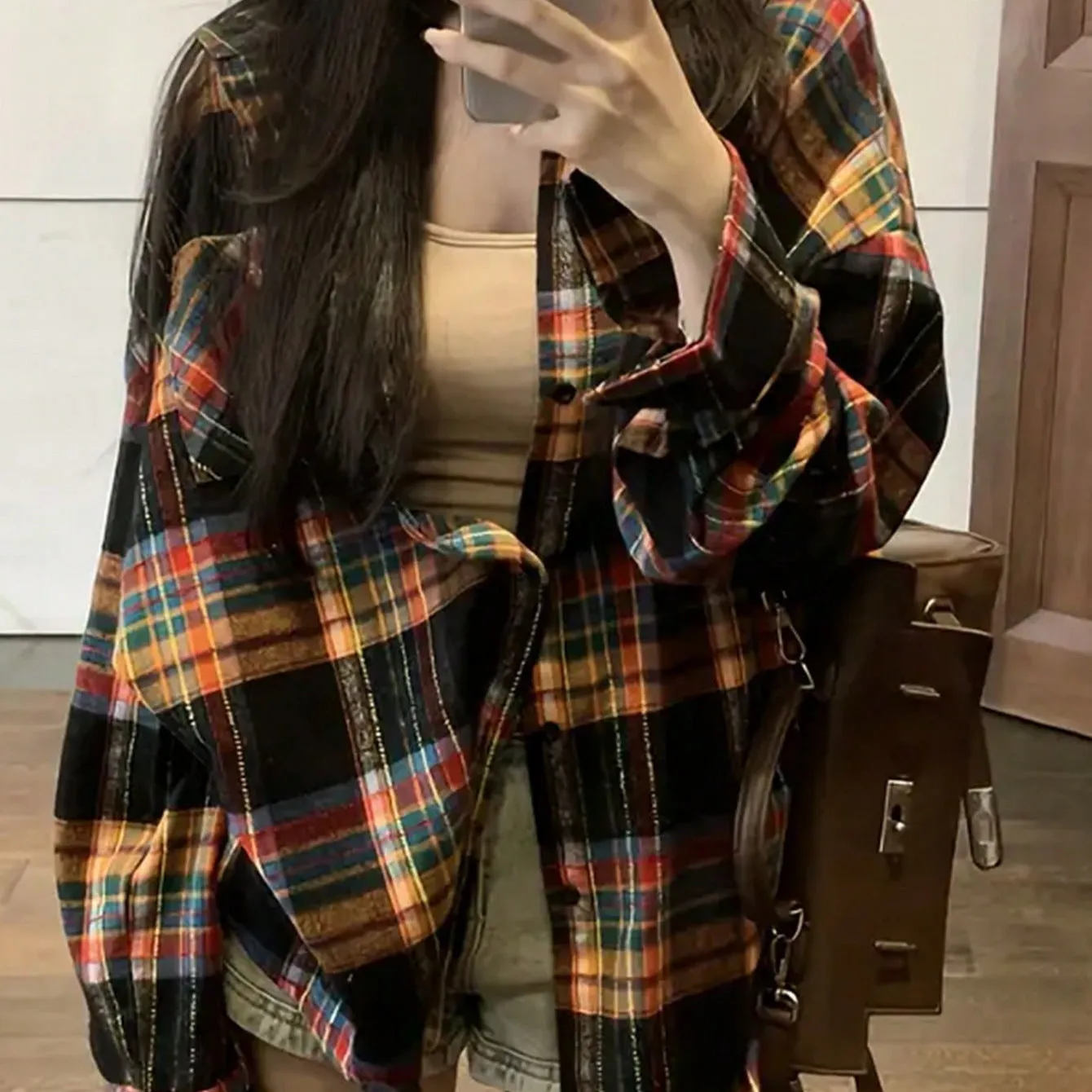 Women's casual loose retro plaid cotton shirt in black green purple colours