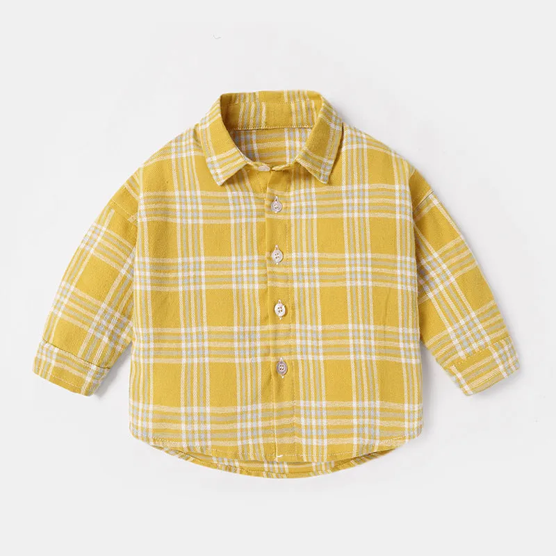 Boys' cotton lattice pattern long sleeve shirt in khaki colour for spring and autumn wear