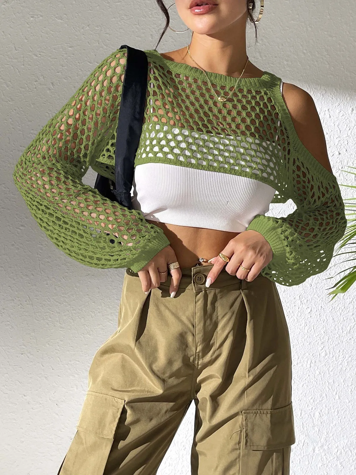 Mesh beach shirt with hollowed navel design in multiple colour options including army green and white