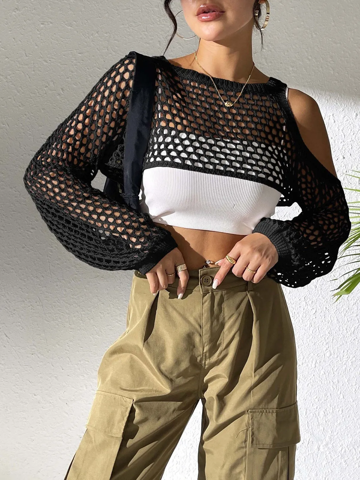Mesh beach shirt with hollowed navel design in multiple colour options including army green and white