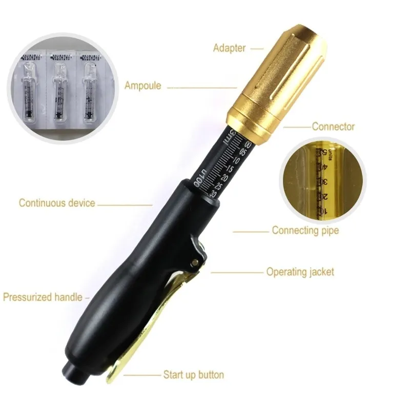 Black hyaluronic acid needle-free injection pen with adjustable depth 6-8mm and dose control 0.05-0.3ml