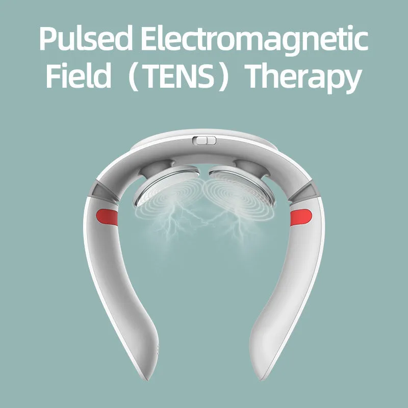Grey white neck care massager with ergonomic design, voice control, and Bluetooth player