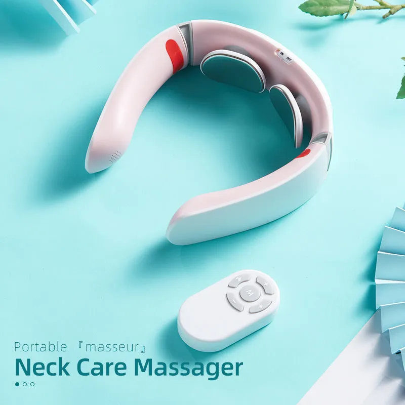 Grey white neck care massager with ergonomic design, voice control, and Bluetooth player