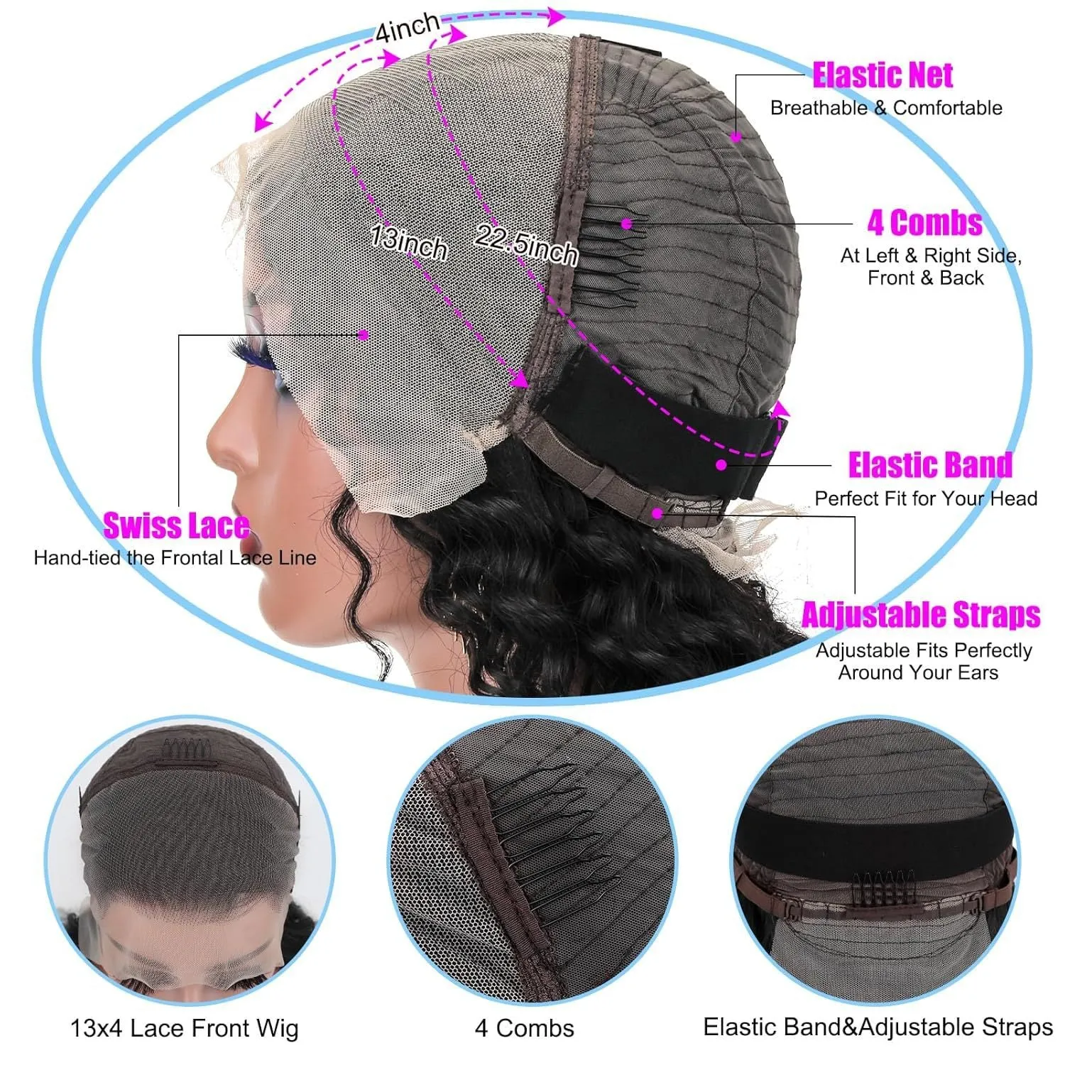 Front lace human hair wig deep wave hand-woven natural look