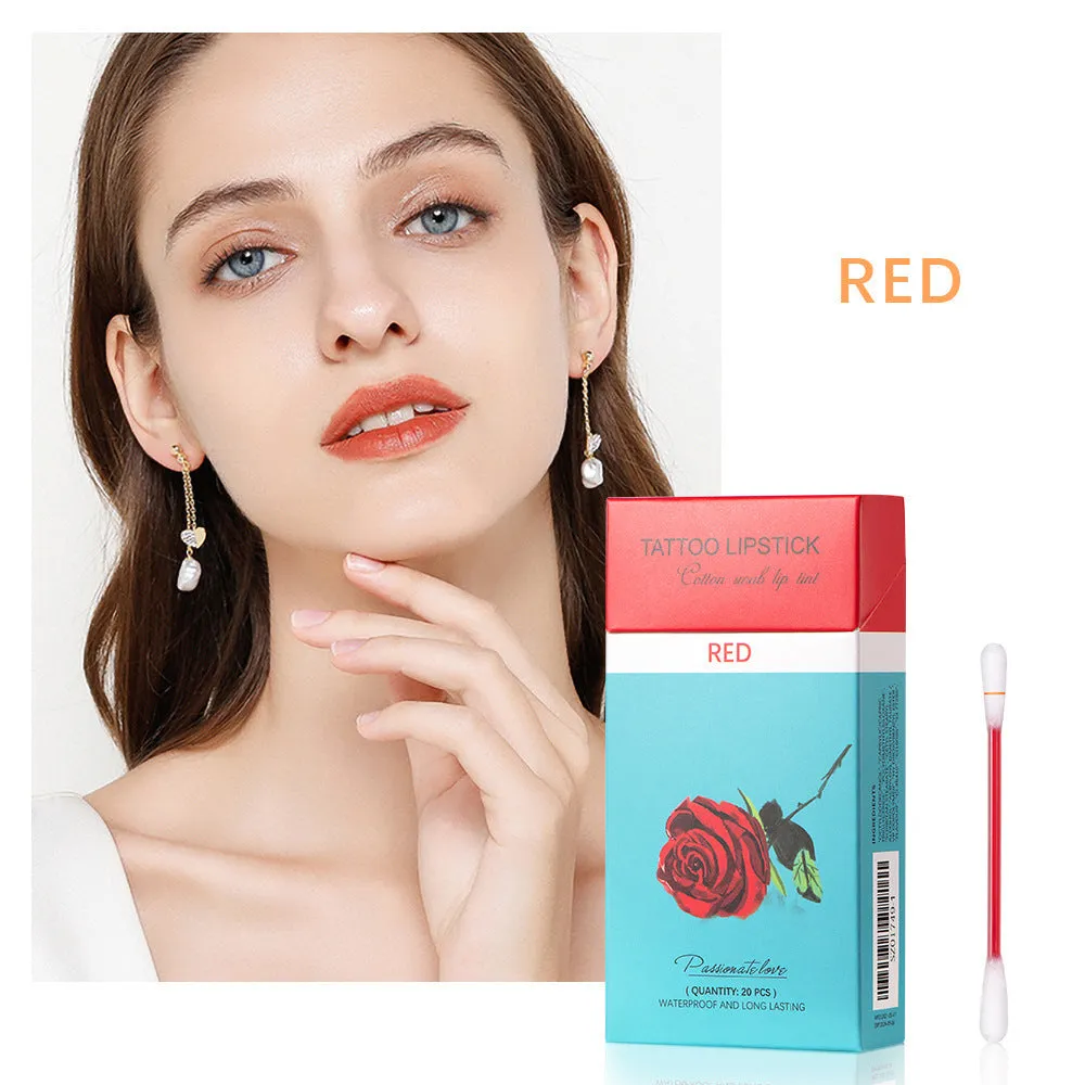 20 cotton swab lipsticks in a cigarette box packaging on a table