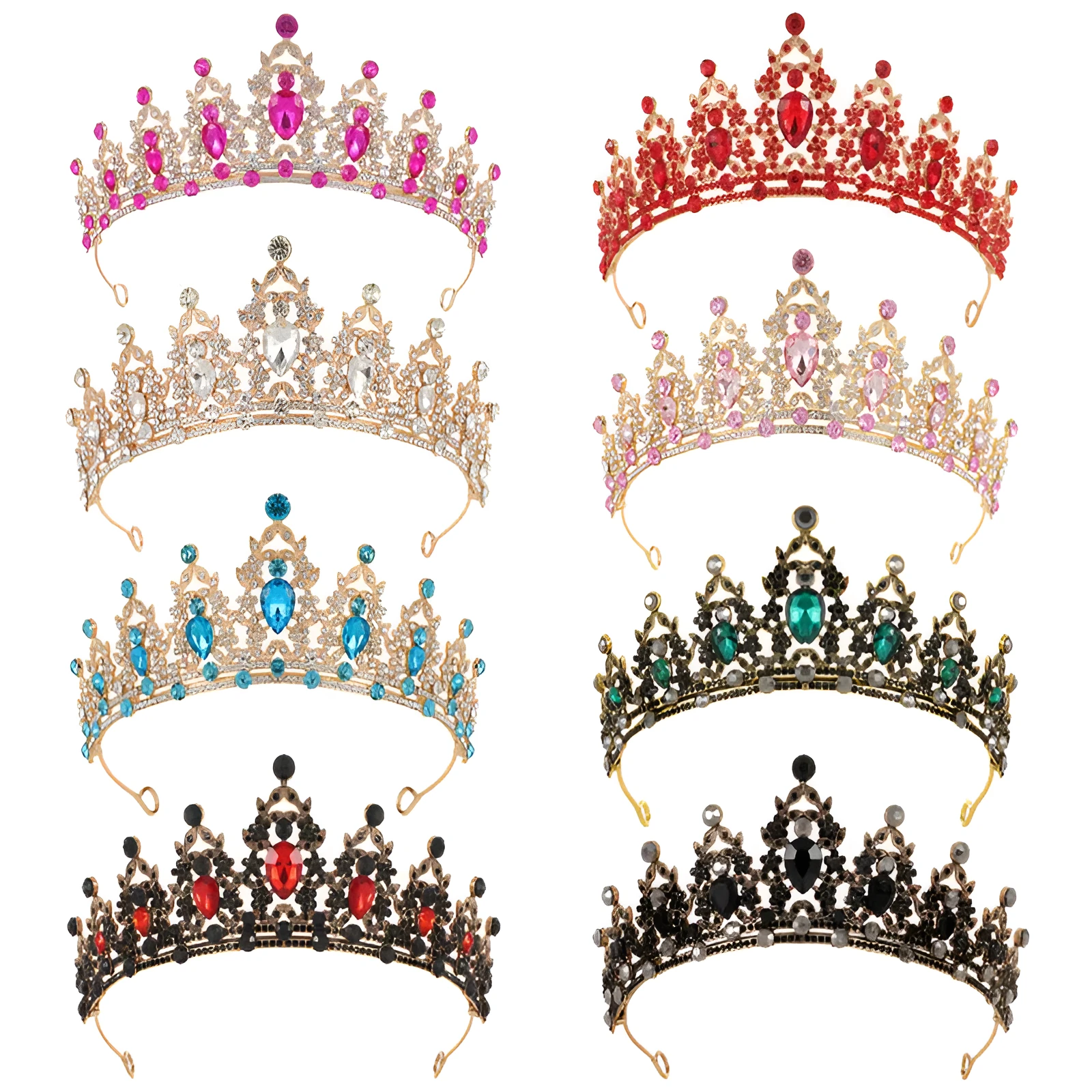 Baroque-style bridal crown hair accessory with rhinestones on an alloy frame in silver and gold colour options.
