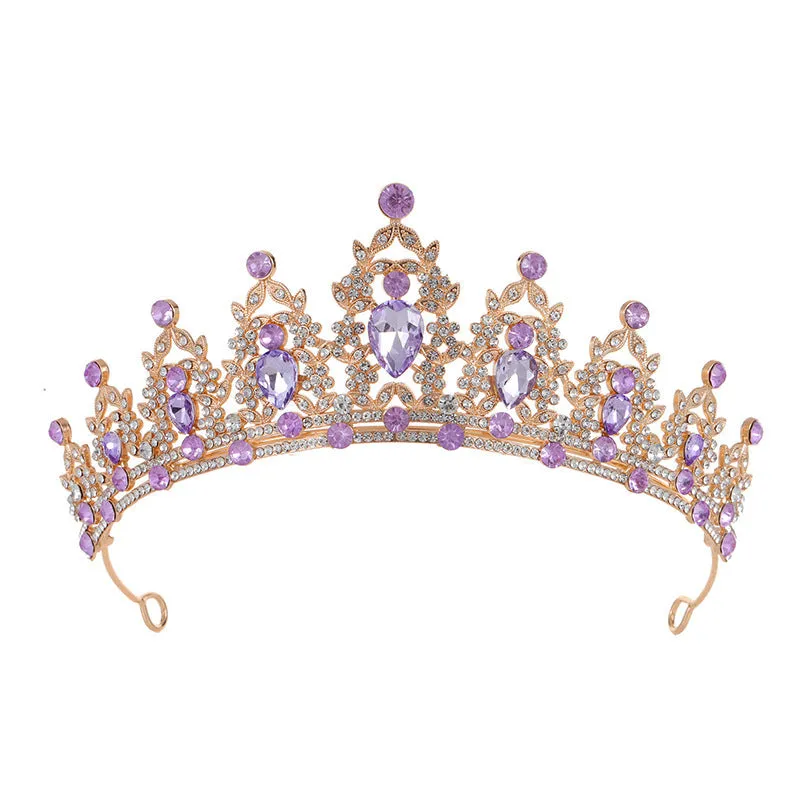 Baroque-style bridal crown hair accessory with rhinestones on an alloy frame in silver and gold colour options.