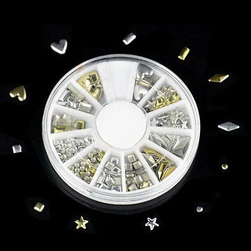 Gold and silver acrylic nail art stickers on a white backing sheet, ready for DIY nail decoration