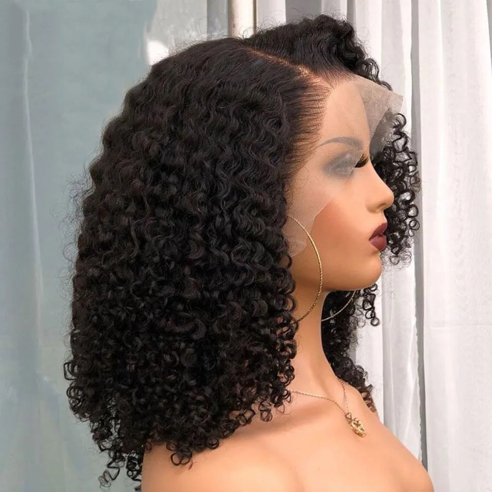 Short Brazilian human hair curly bob wig with lace front, 10A quality, natural black colour