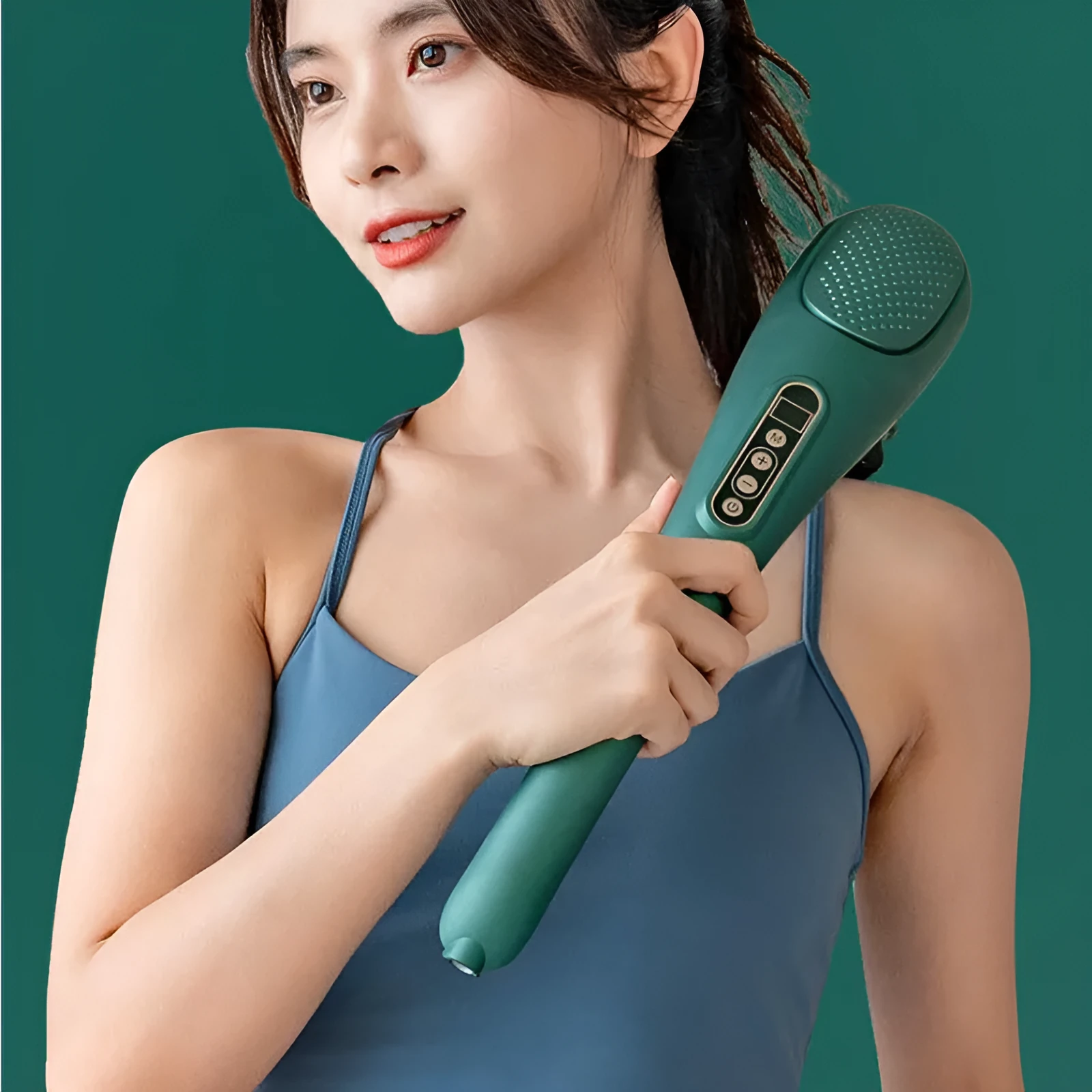 New rechargeable massager with four massage heads in green and white, USB powered, 460x160x92mm