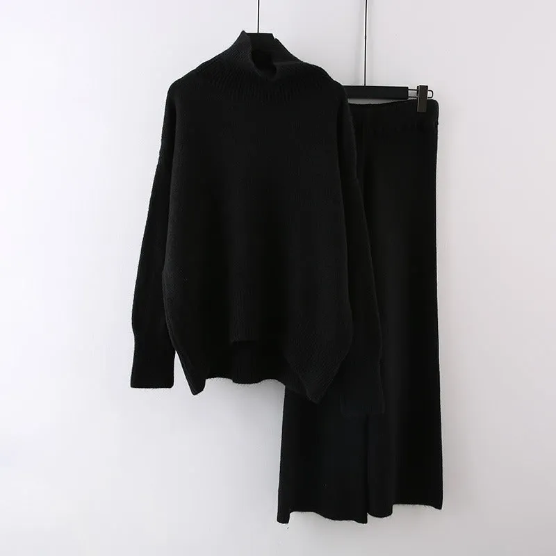 Women's milky white acrylic two-piece set with long sleeve top and wide-leg trousers on a hanger.