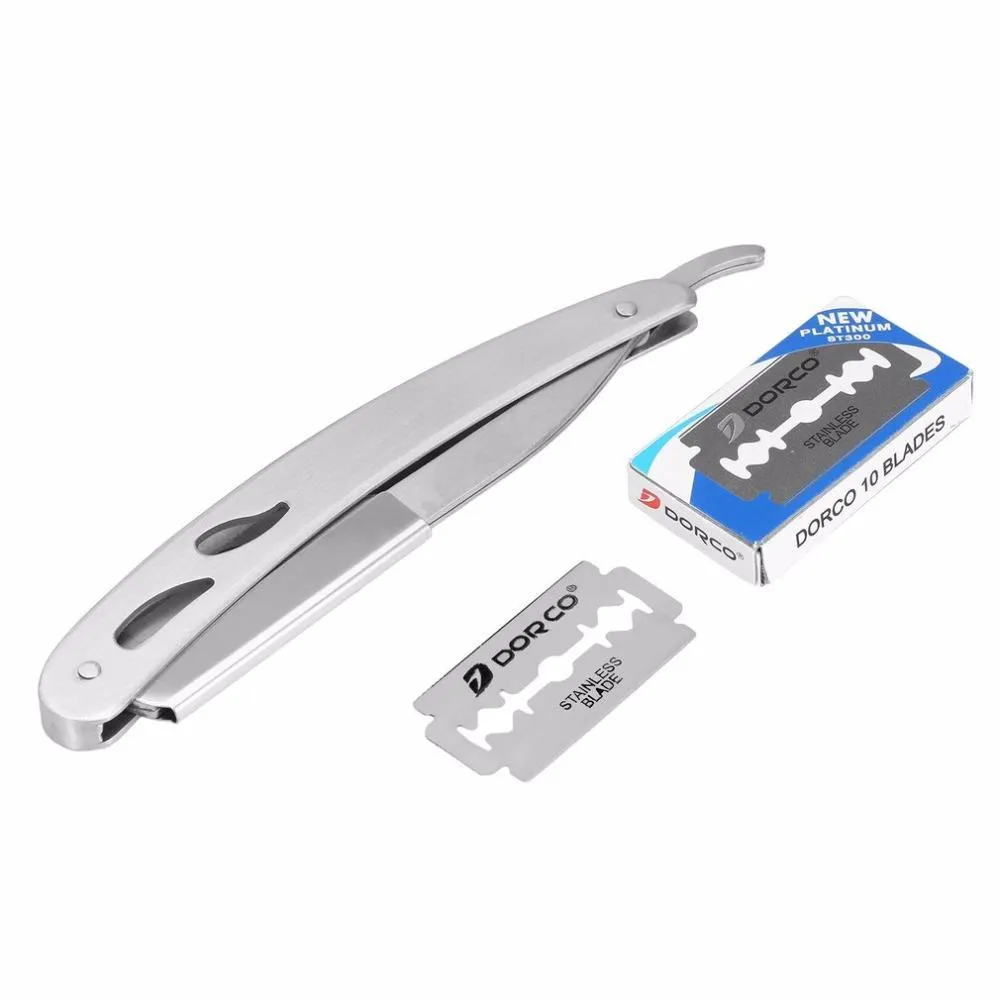 Silver stainless steel straight razor 14cm with 10 steel blades for smooth shaving