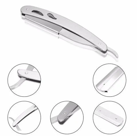 Silver stainless steel straight razor 14cm with 10 steel blades for smooth shaving