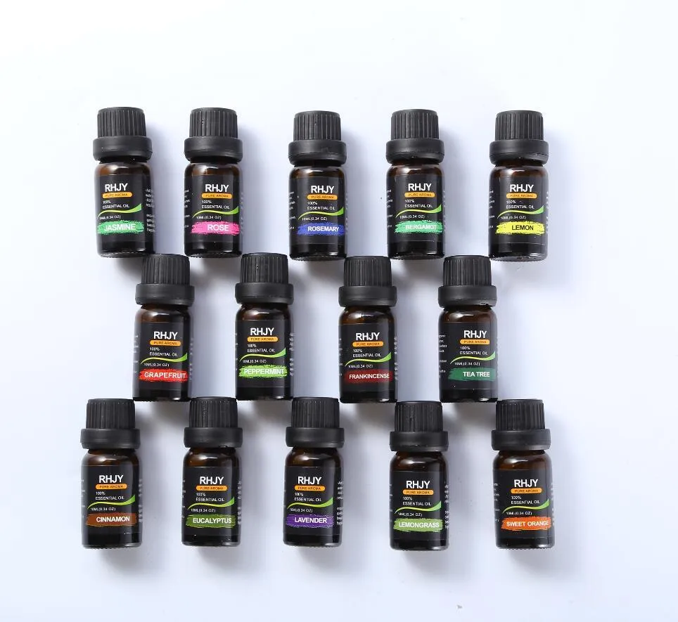Aromatherapy essential oil set of 14 bottles, 10ml each, 100% purity, with labels for different scents