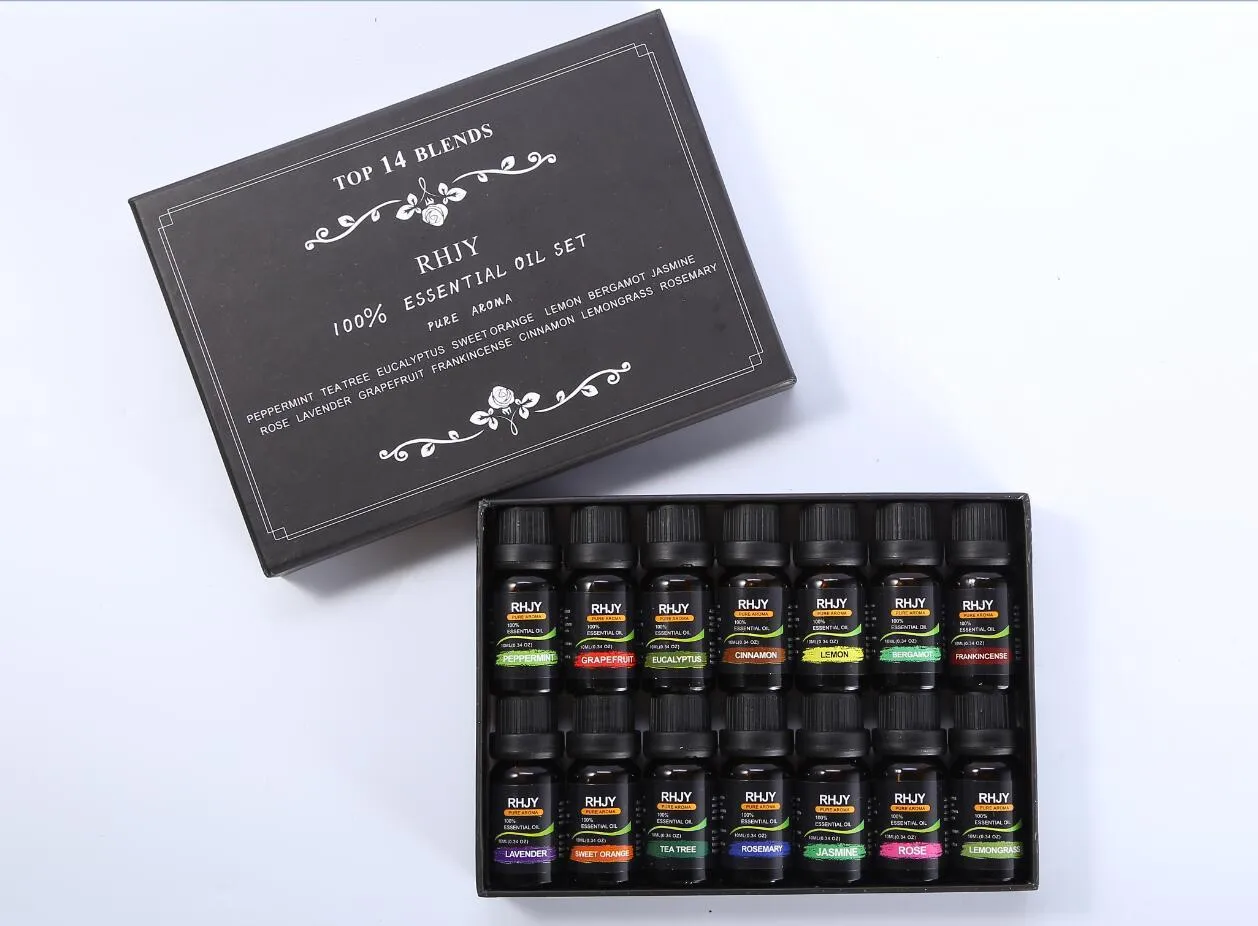 Aromatherapy essential oil set of 14 bottles, 10ml each, 100% purity, with labels for different scents