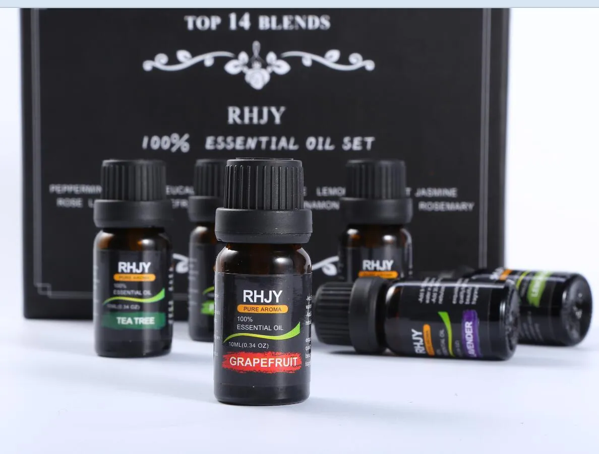 Aromatherapy essential oil set of 14 bottles, 10ml each, 100% purity, with labels for different scents