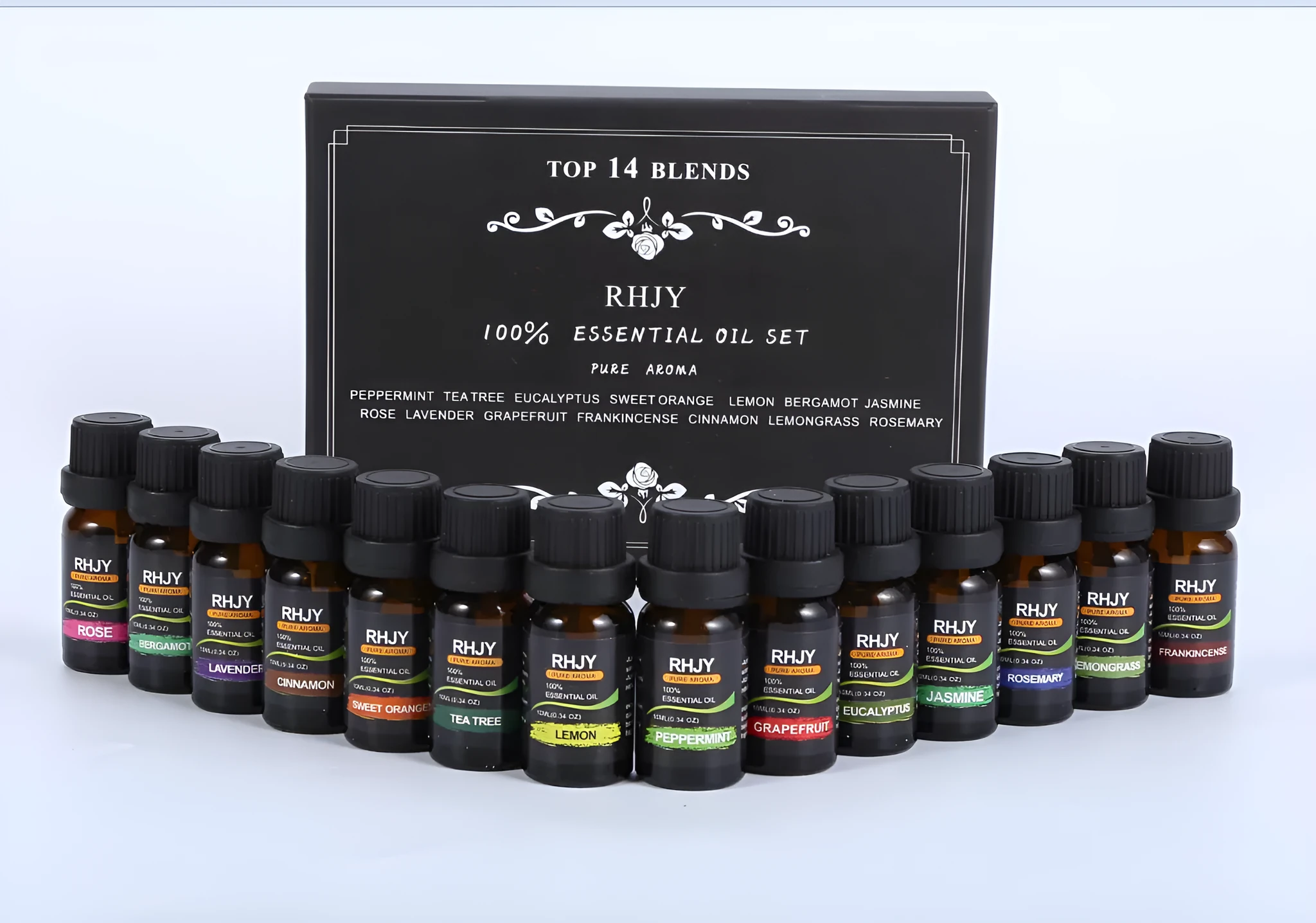 Aromatherapy essential oil set of 14 bottles, 10ml each, 100% purity, with labels for different scents
