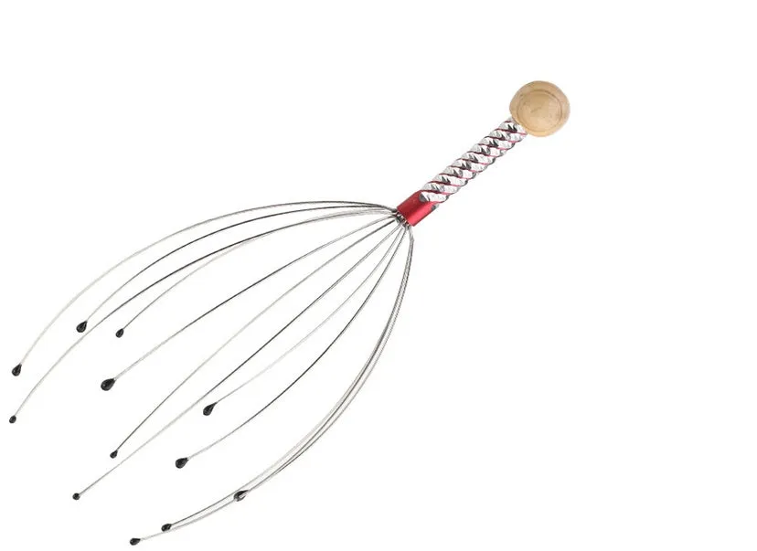 Octopus scalp massager with wooden handle and stainless steel threads on a light background
