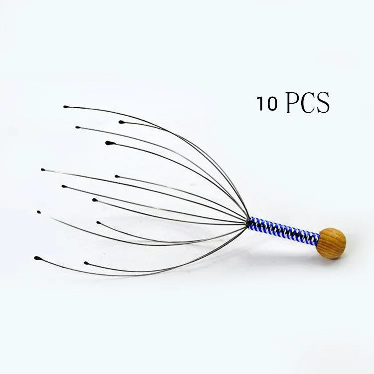 Octopus scalp massager with wooden handle and stainless steel threads on a light background