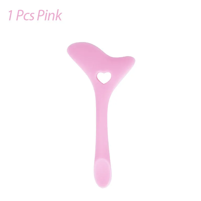 Four reusable silicone winged eyeliner stencils in pink, blue, purple, and yellow on a white background
