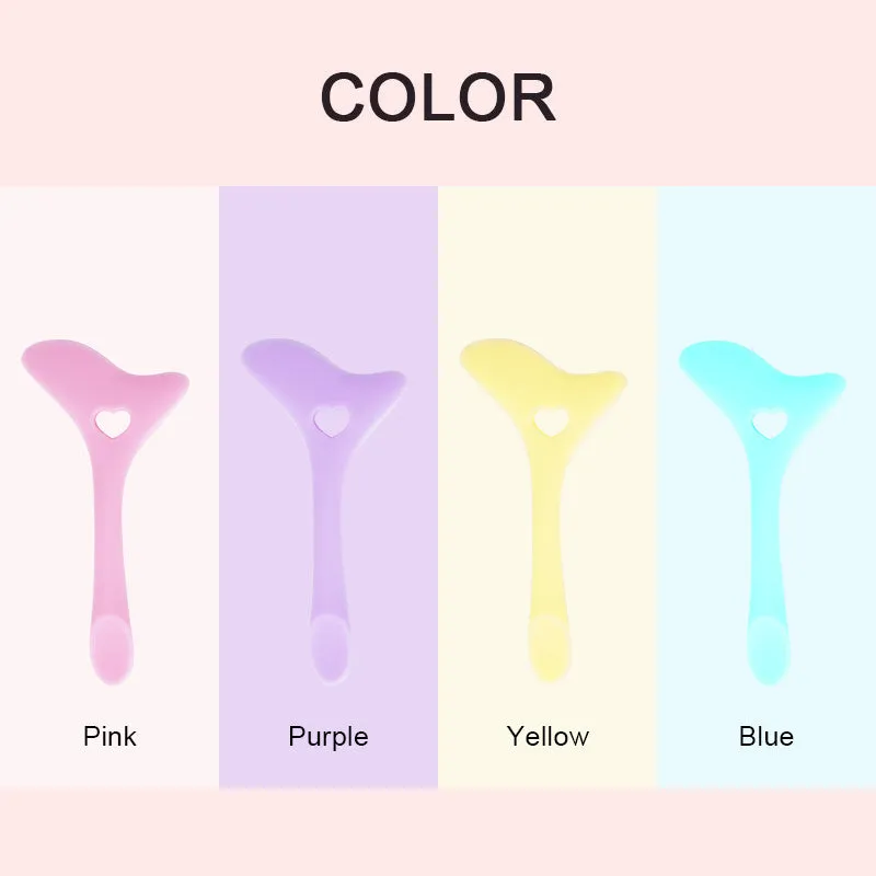 Four reusable silicone winged eyeliner stencils in pink, blue, purple, and yellow on a white background