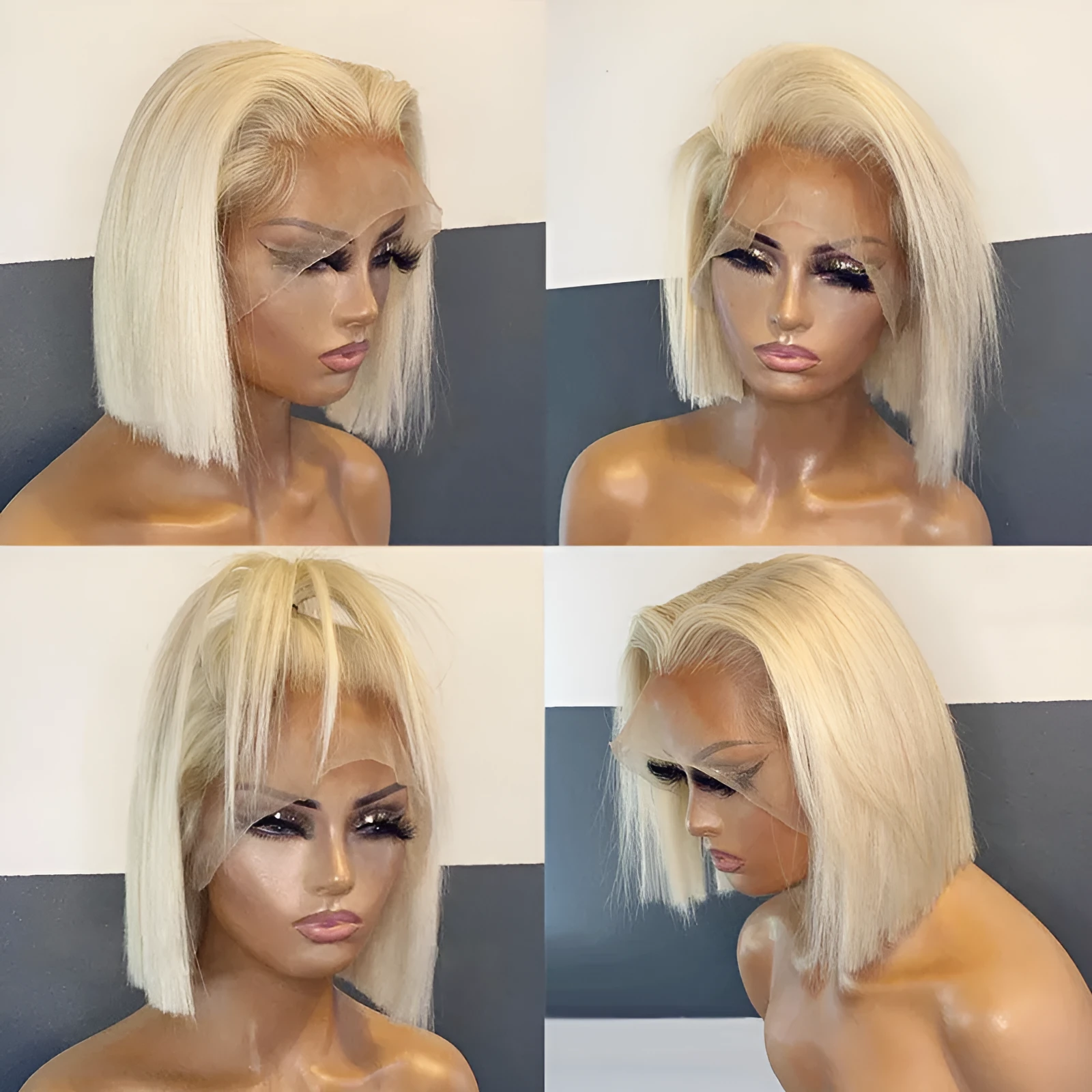 613 blonde straight human hair bob wig with T part on a mannequin head