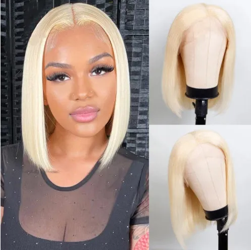 613 blonde straight human hair bob wig with T part on a mannequin head