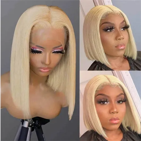 613 blonde straight human hair bob wig with T part on a mannequin head