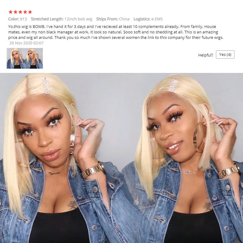 613 blonde straight human hair bob wig with T part on a mannequin head