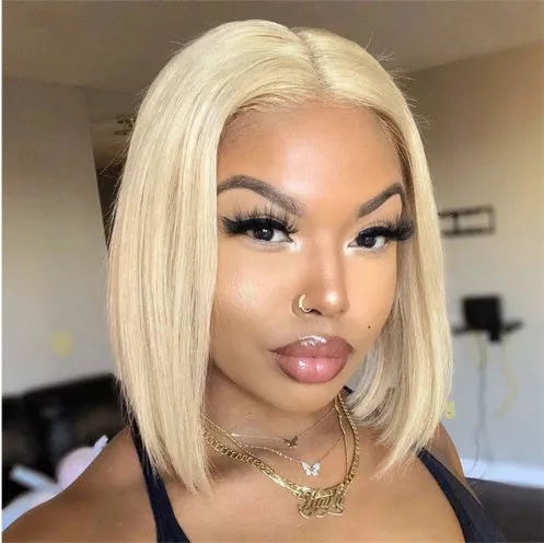 613 blonde straight human hair bob wig with T part on a mannequin head