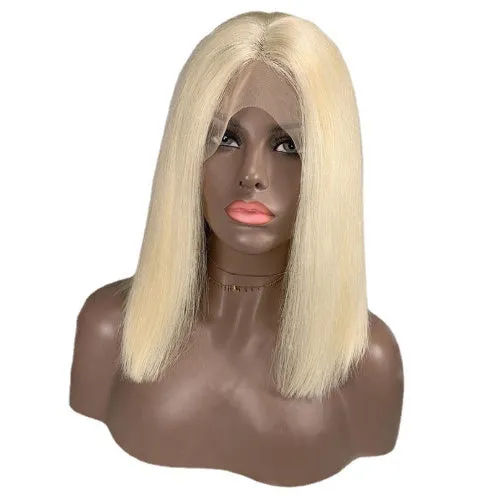 613 blonde straight human hair bob wig with T part on a mannequin head